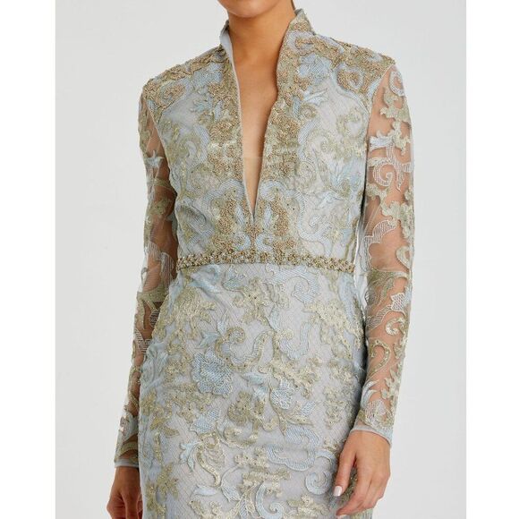 Mac Duggal 11165 Size 2 Light‎ Blue Gold Long Sleeve Applique V-Neck Gown Dress - Picture 3 of 4